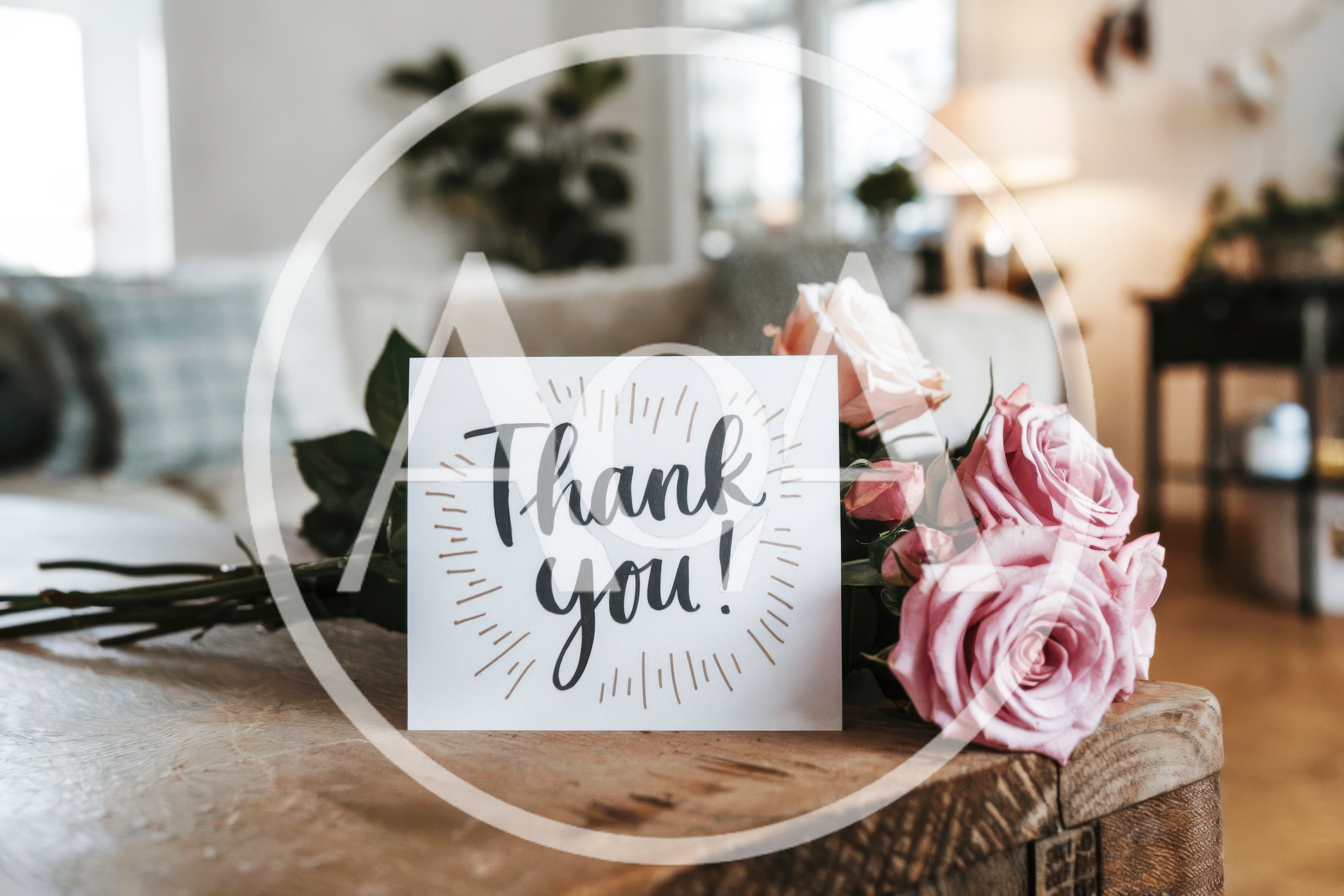 Thank You Card With Pink Roses On Wooden Table