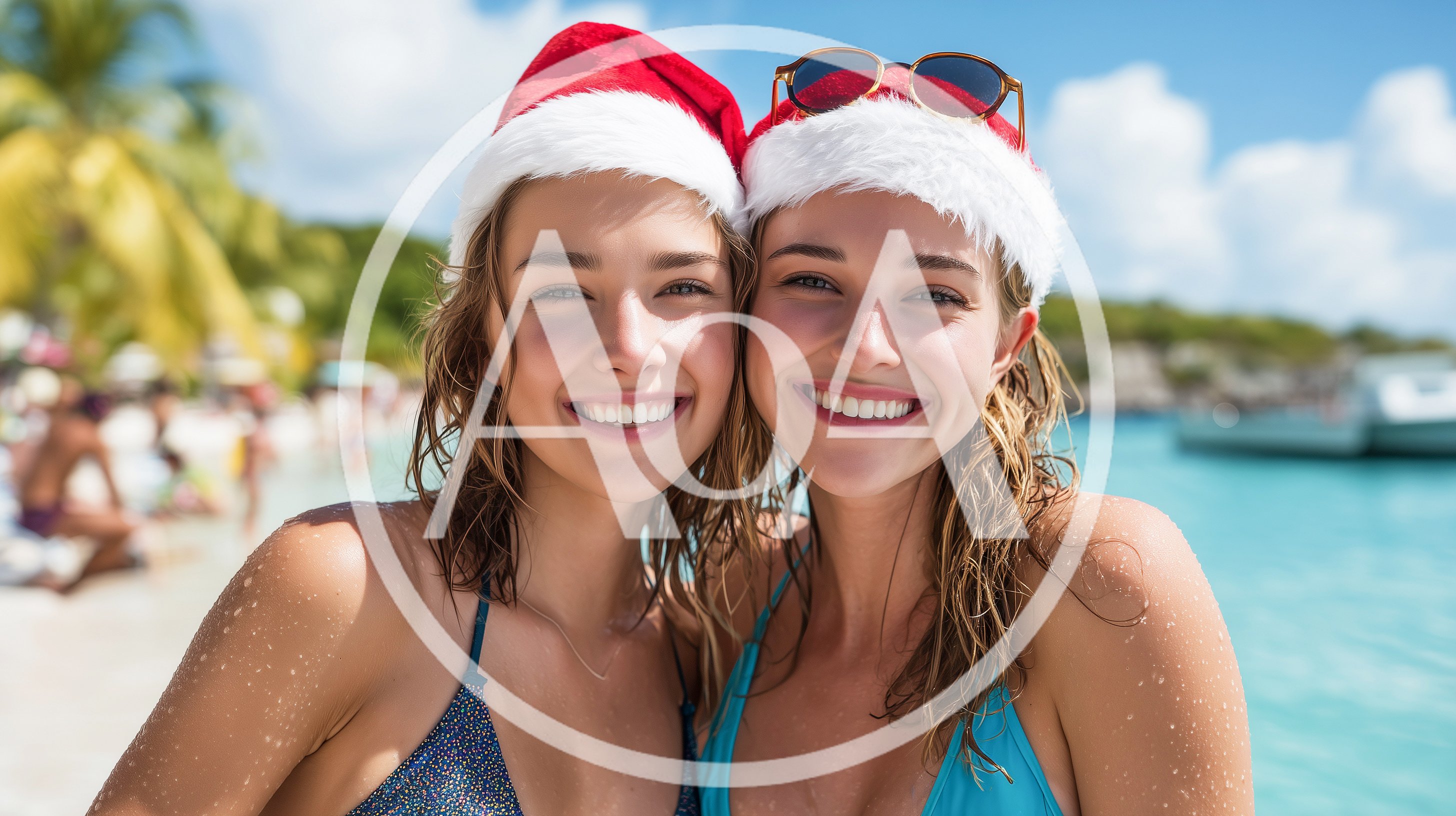 Two Young Women Wearing Santa Hats on Tropical Beach