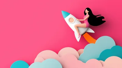Paper Cutout Illustration Of Woman Riding Rocket
