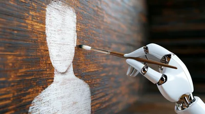 Robotic Hand Painting Human Silhouette On Wooden Wall