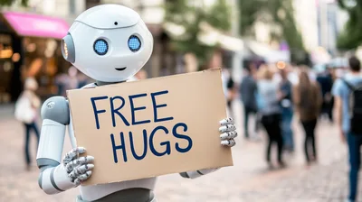 Humanoid Robot Holding A Free Hugs Sign In Public