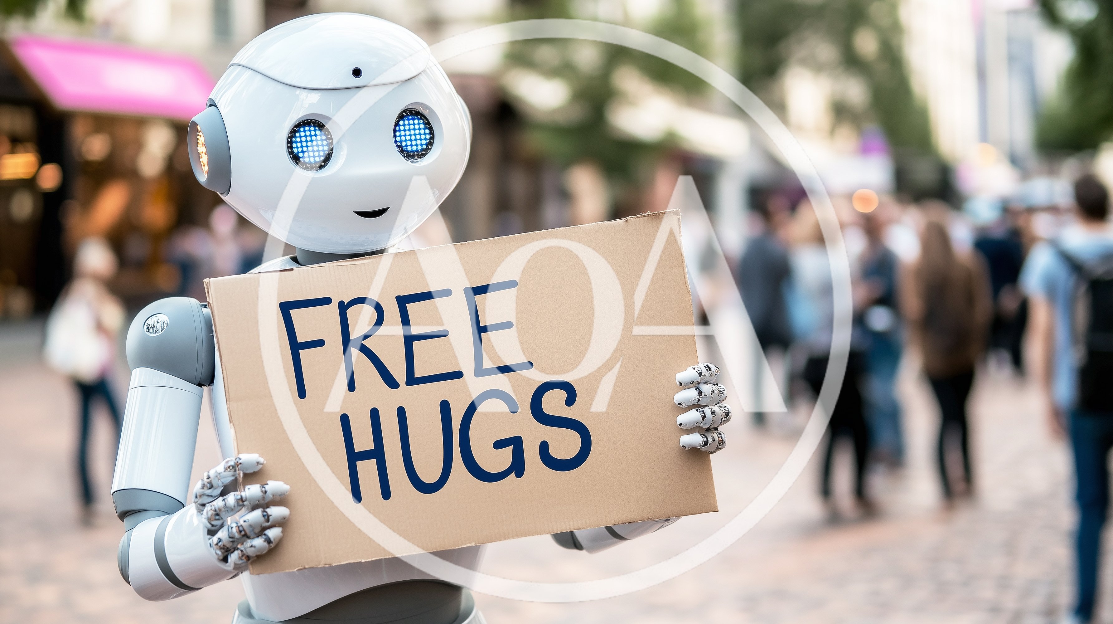 Humanoid Robot Holding A Free Hugs Sign In Public