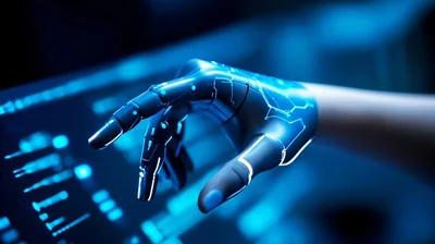 Futuristic Robotic Hand Interacting With Digital Interface