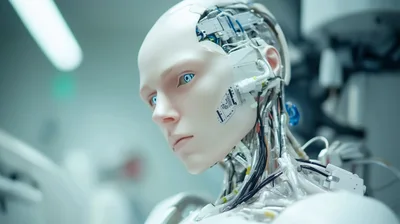Close Up Of A Futuristic Humanoid Robot Head