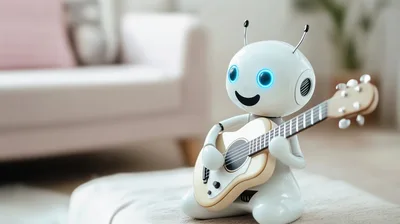 Cute White Robot Playing A Small Acoustic Guitar