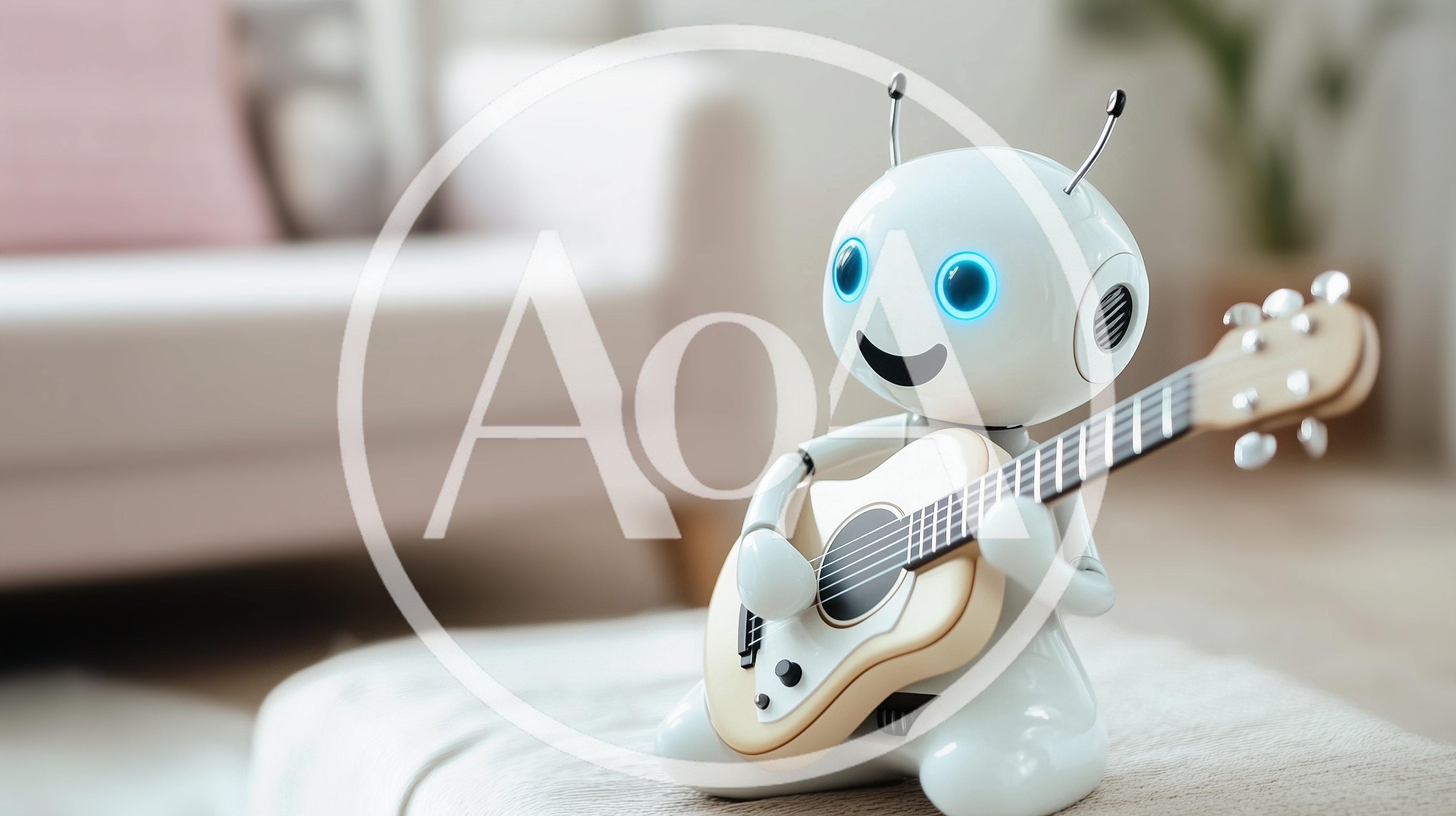 Cute White Robot Playing A Small Acoustic Guitar
