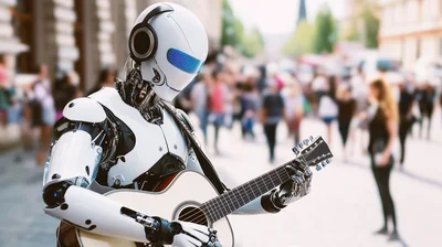 Futuristic Robot Playing Acoustic Guitar In Public
