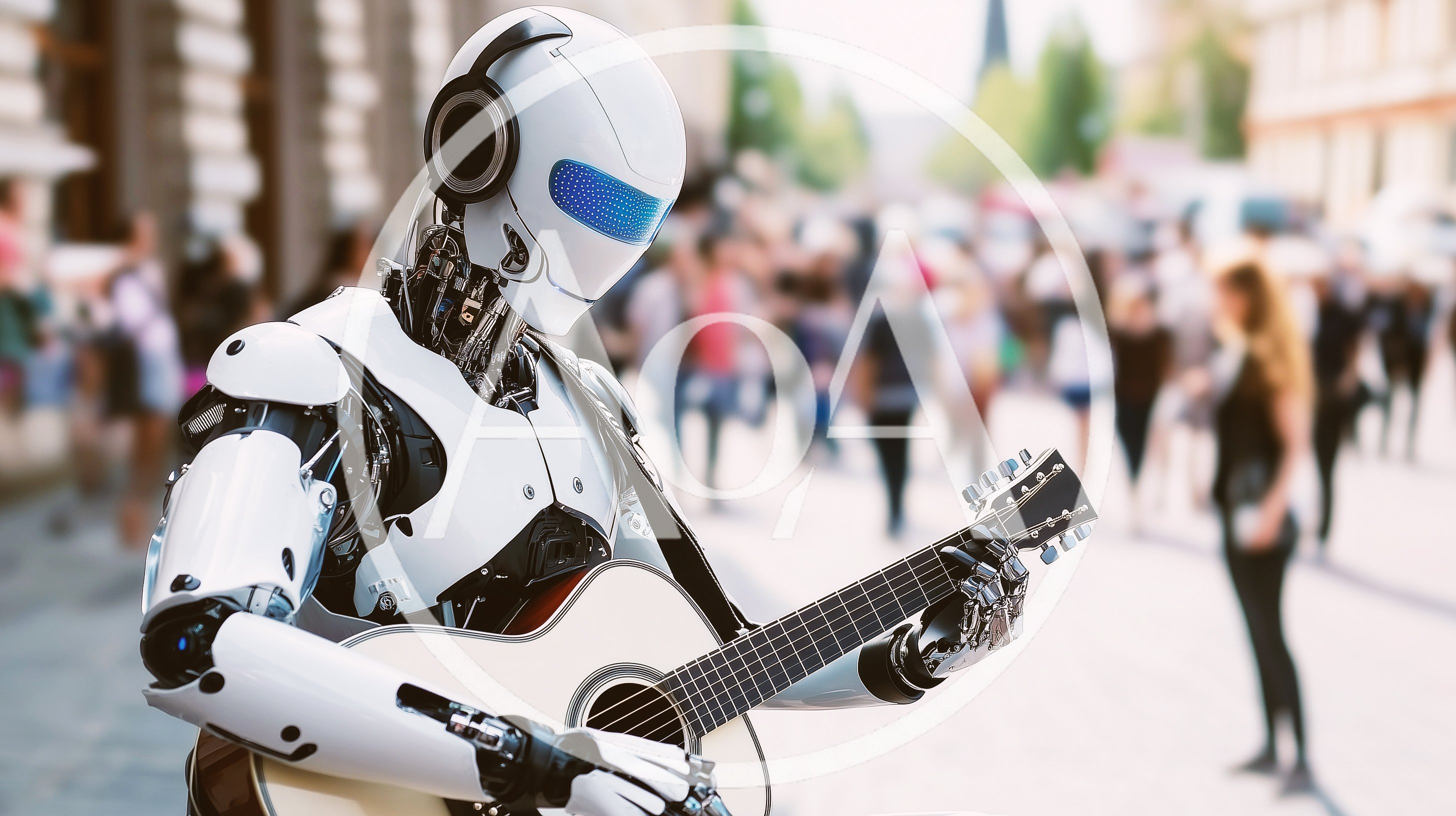 Futuristic Robot Playing Acoustic Guitar In Public
