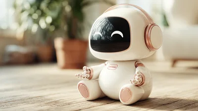 Cute Small Robot Sitting On Wooden Floor