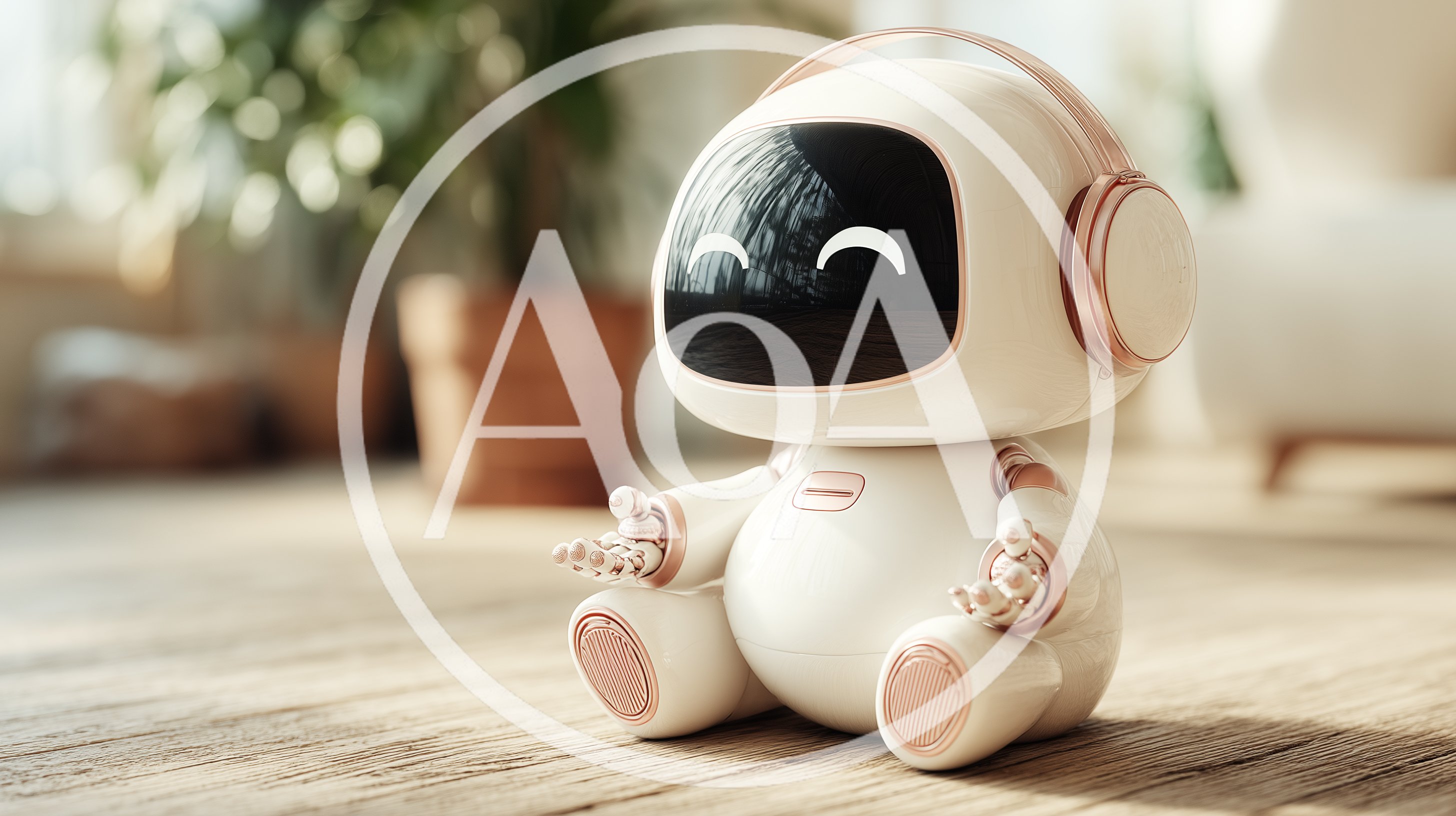 Cute Small Robot Sitting On Wooden Floor