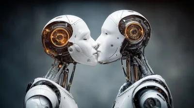 Two Futuristic Androids Kissing In Studio