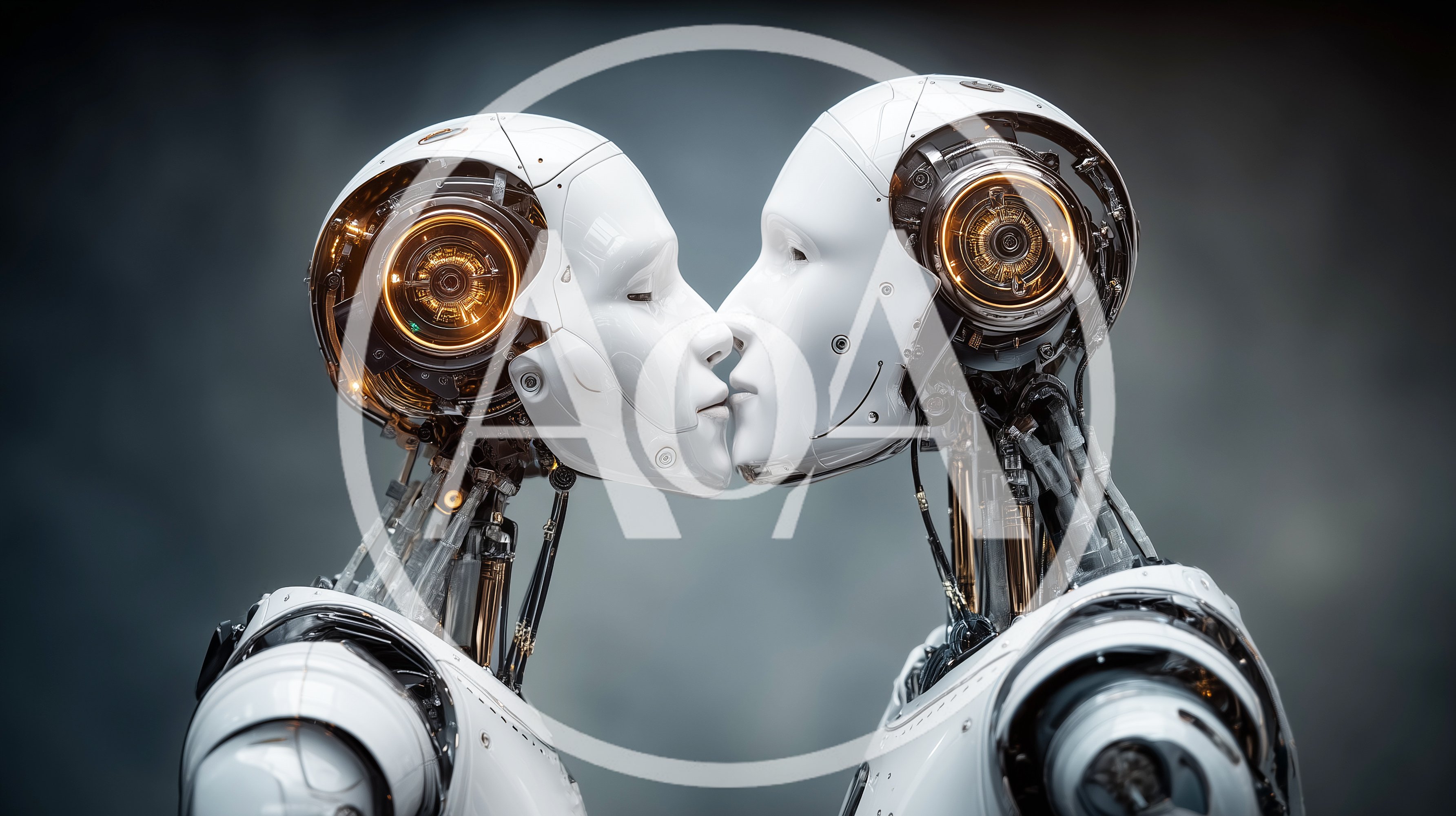 Two Futuristic Androids Kissing In Studio