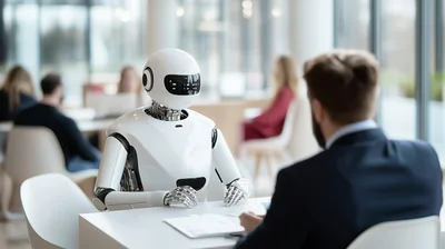Humanoid Robot Interviewing With A Businessman In Office
