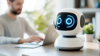 Small White Desktop Robot With Glowing Blue Eyes
