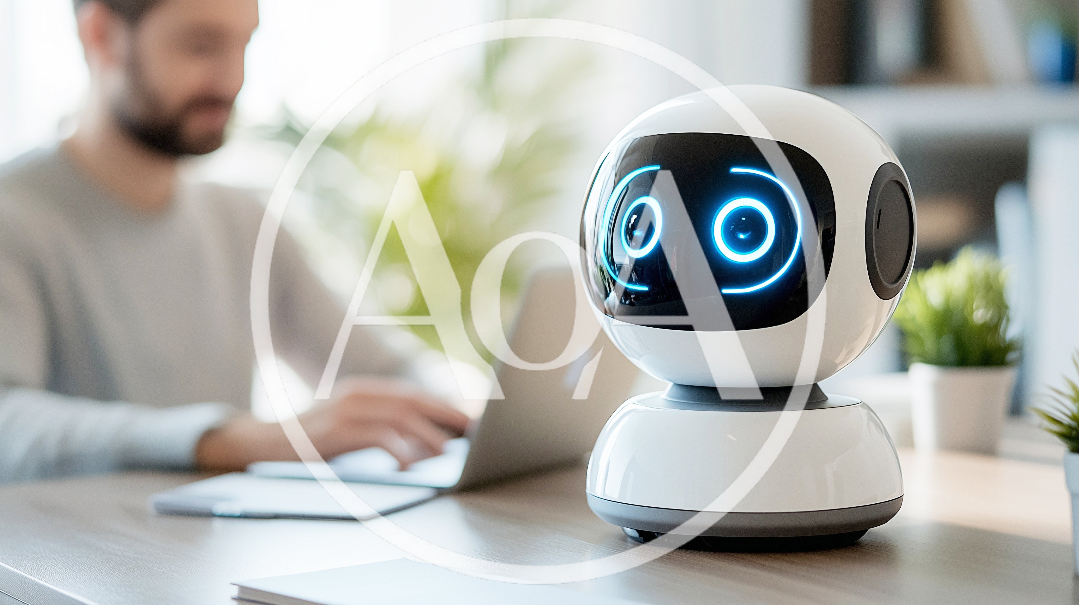 Small White Desktop Robot With Glowing Blue Eyes