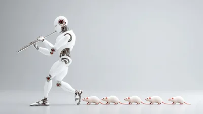 Futuristic Robot Playing Flute Leading White Mice