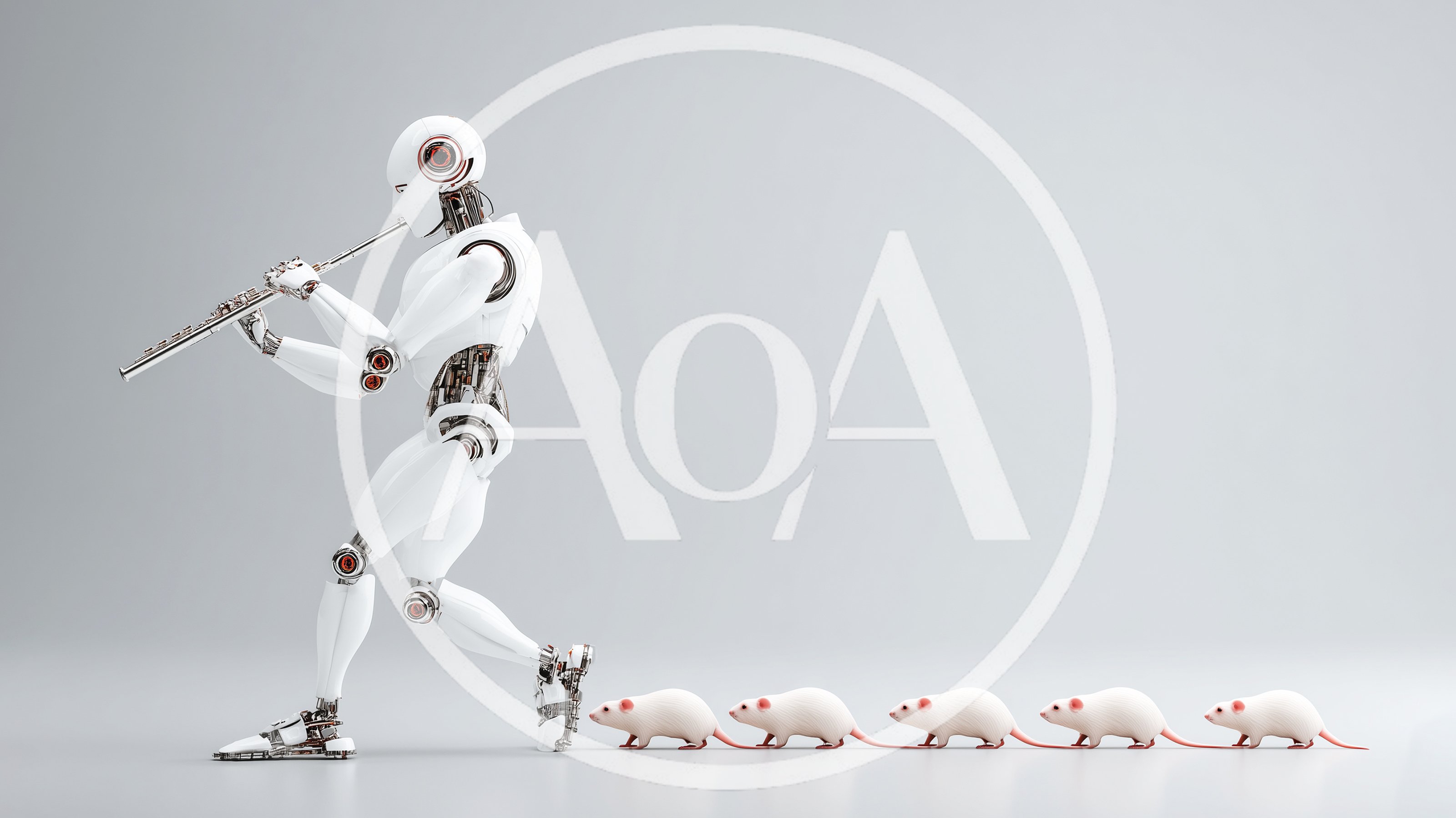 Futuristic Robot Playing Flute Leading White Mice