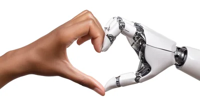 Human Hand And Robotic Hand Forming A Heart Shape
