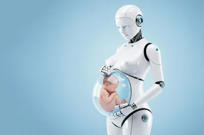 Futuristic Female Android Carrying A Human Baby