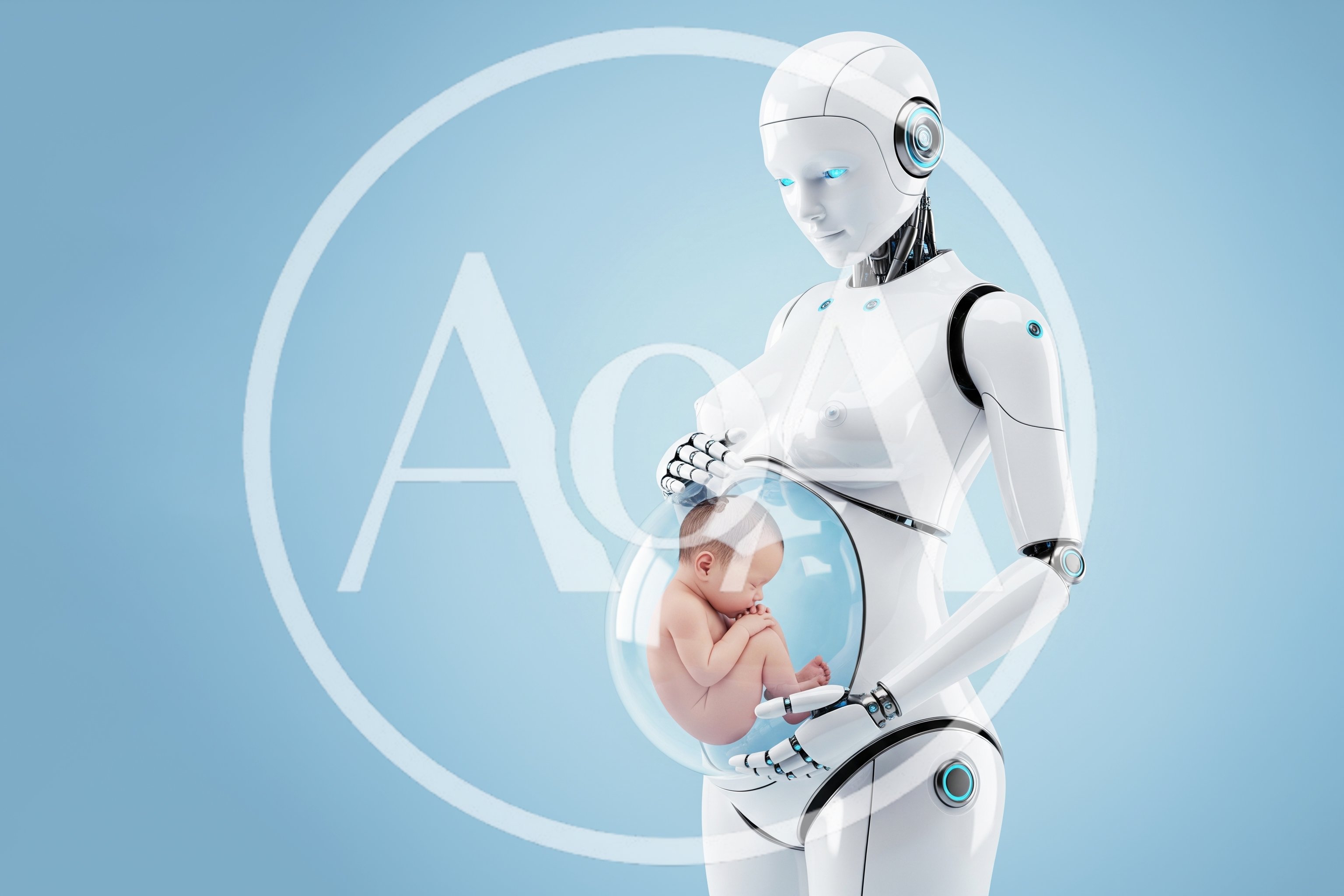 Futuristic Female Android Carrying A Human Baby