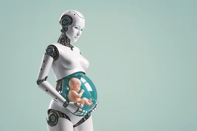 Futuristic Android Robot Carrying A Human Baby