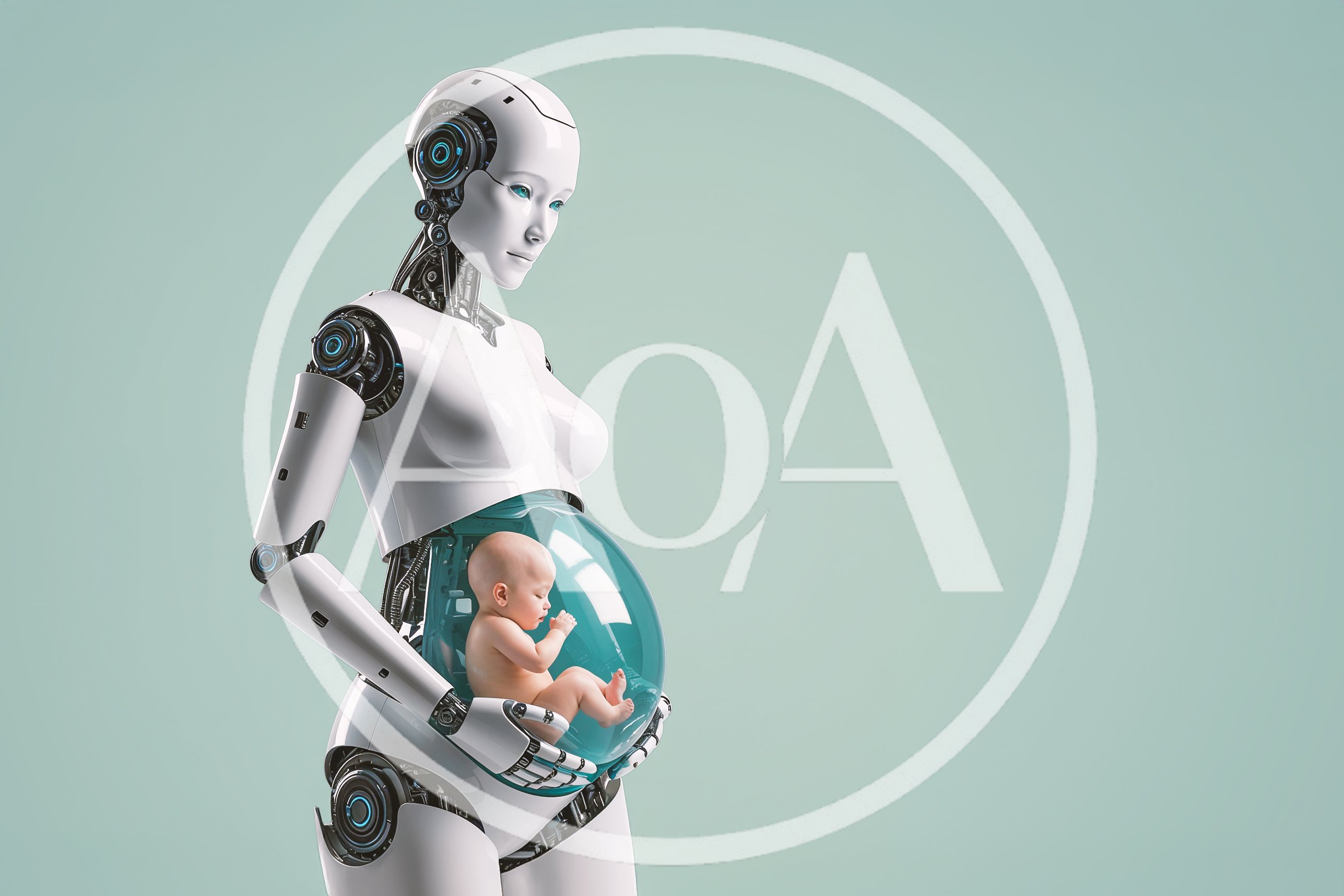 Futuristic Android Robot Carrying A Human Baby