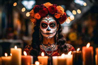 Woman With Sugar Skull Makeup And Floral Crown