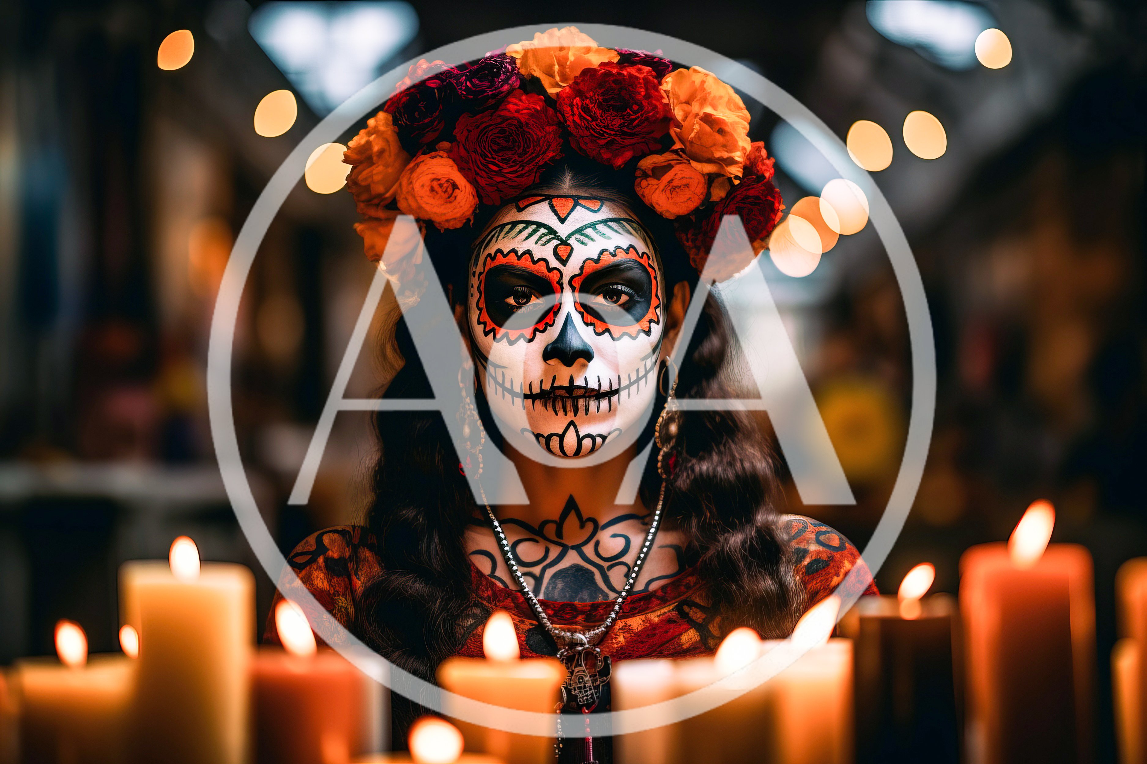 Woman With Sugar Skull Makeup And Floral Crown