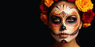 Woman With Sugar Skull Makeup And Floral Crown