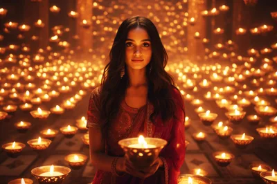 Young Indian Woman Holding Diya Lamp During Diwali