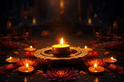 Diwali Celebration With Lit Diyas And Lotus Flowers