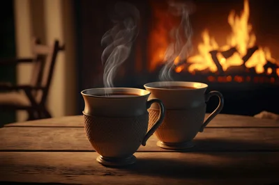 Two Steaming Mugs On A Wooden Table By Fireplace