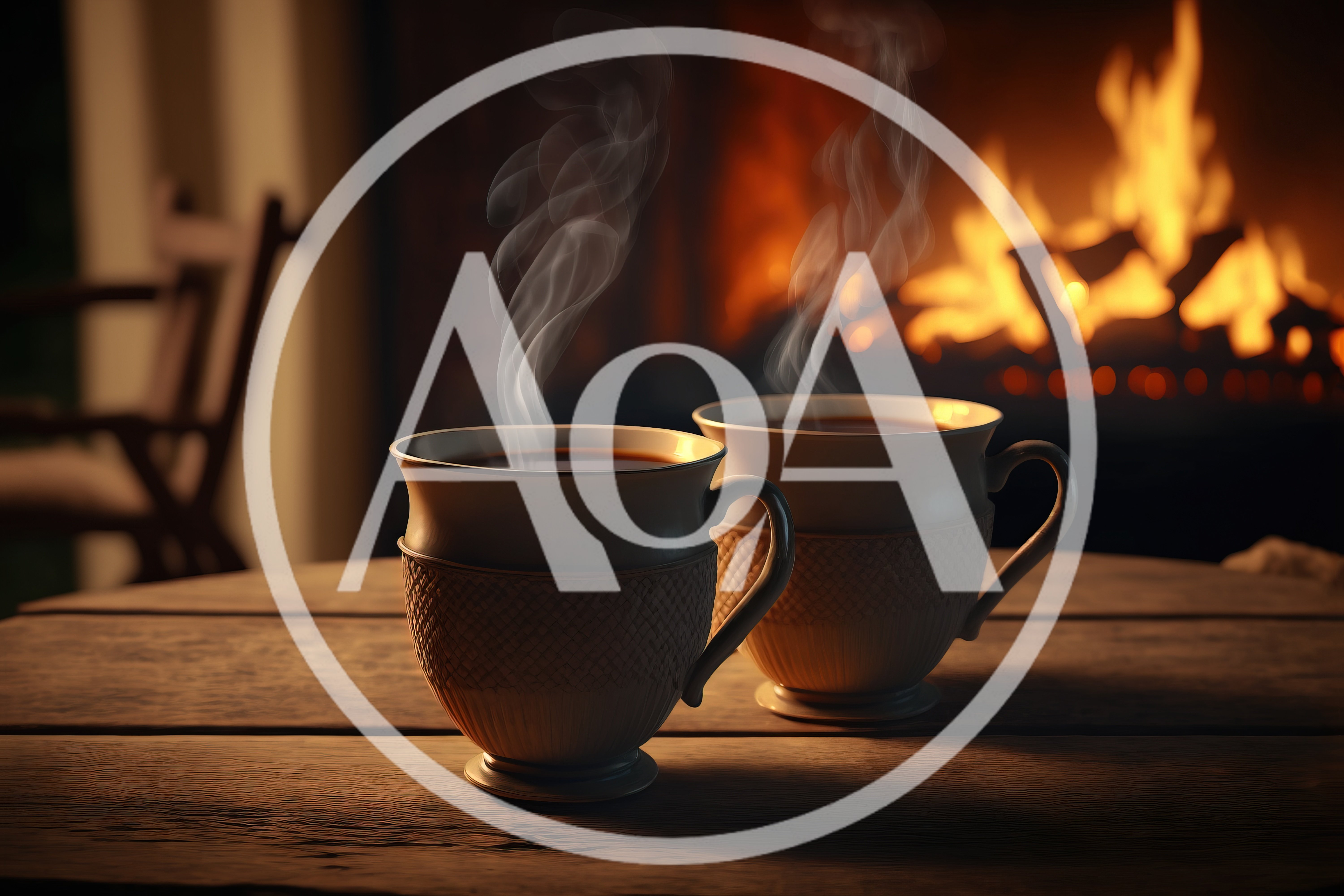 Two Steaming Mugs On A Wooden Table By Fireplace