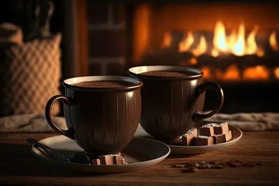 Two Mugs Of Hot Chocolate By A Cozy Fireplace