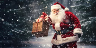 Santa Claus Carrying Gifts Through A Snowy Forest