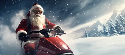 Santa Claus Riding A Red Snowmobile In Winter