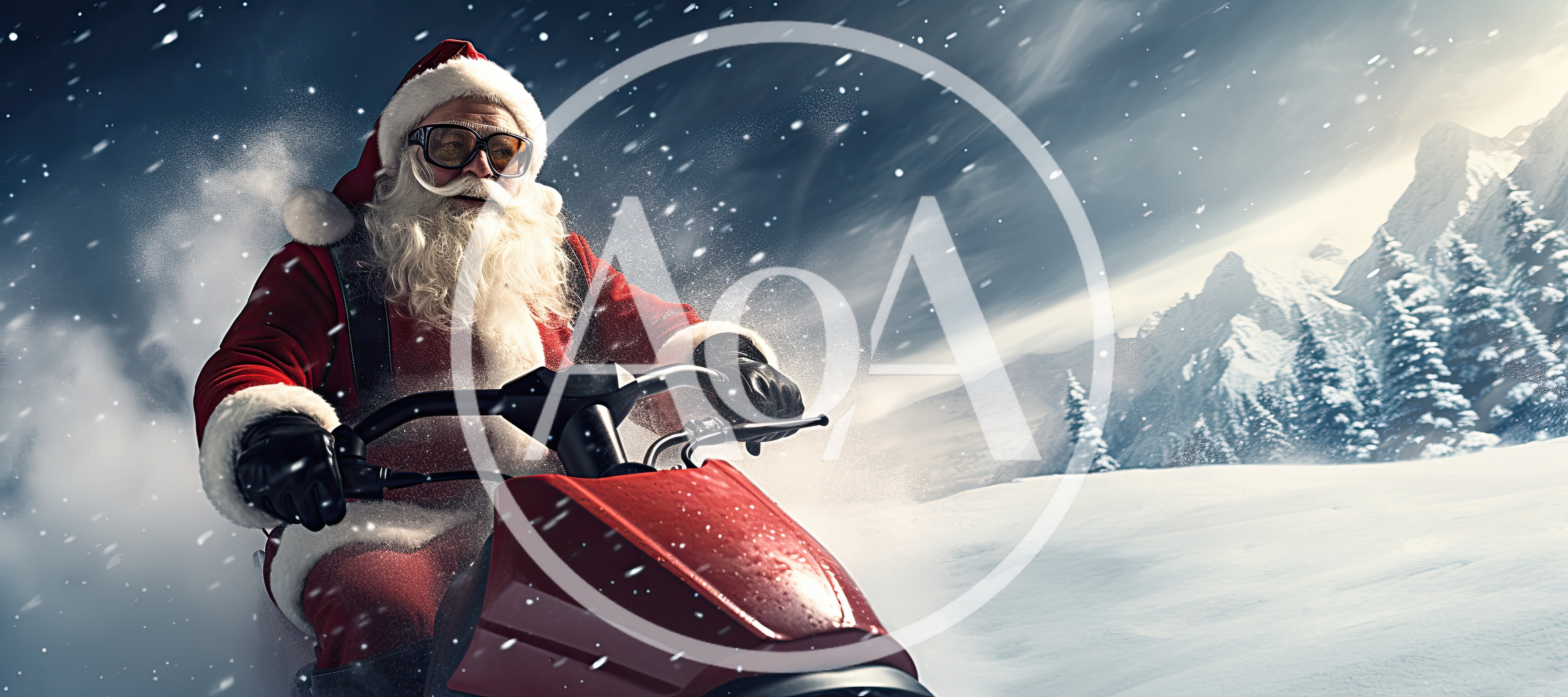 Santa Claus Riding A Red Snowmobile In Winter
