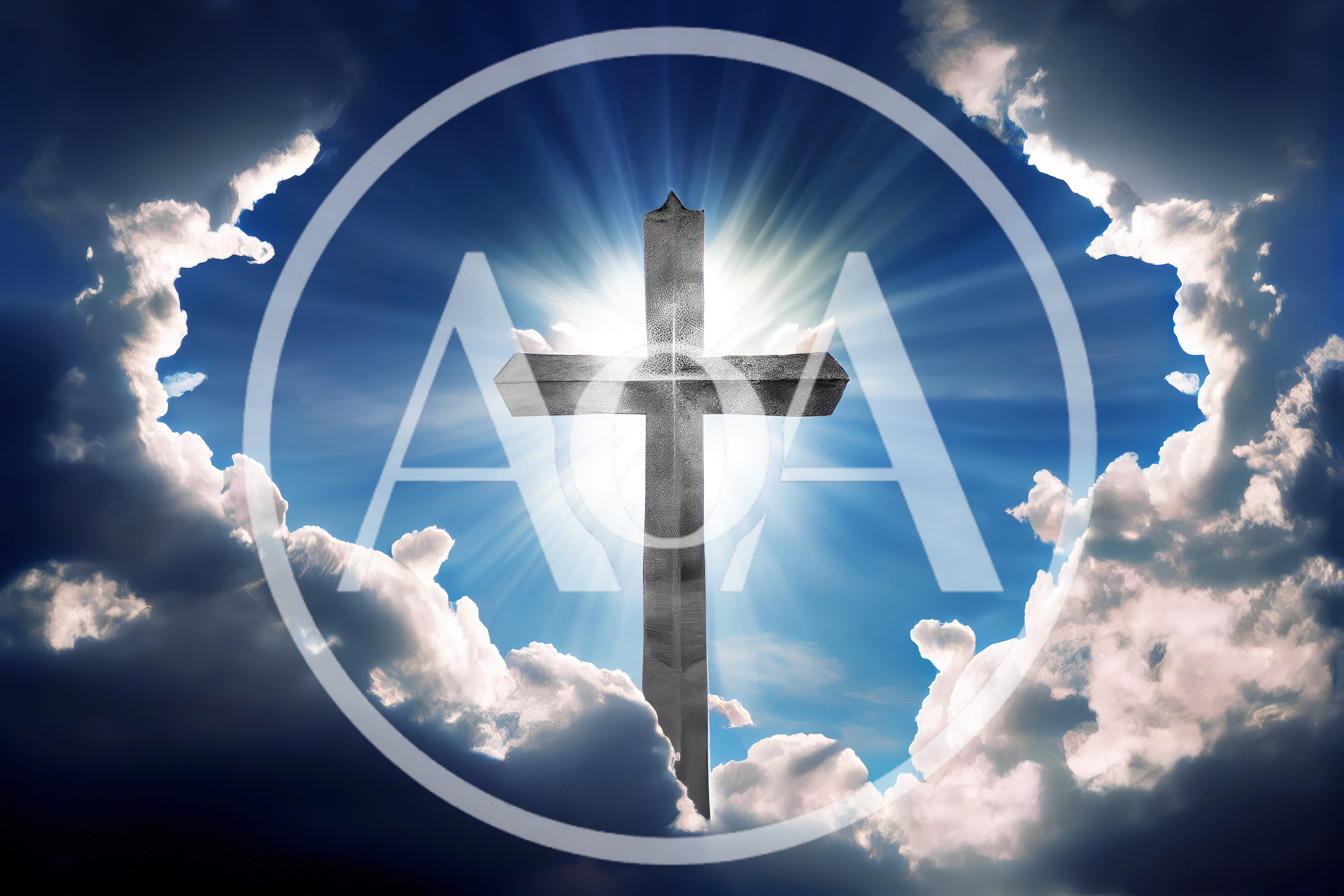 Glowing Christian Cross Against A Dramatic Blue Sky