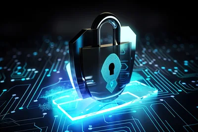 Digital Security Padlock On Glowing Circuit Board