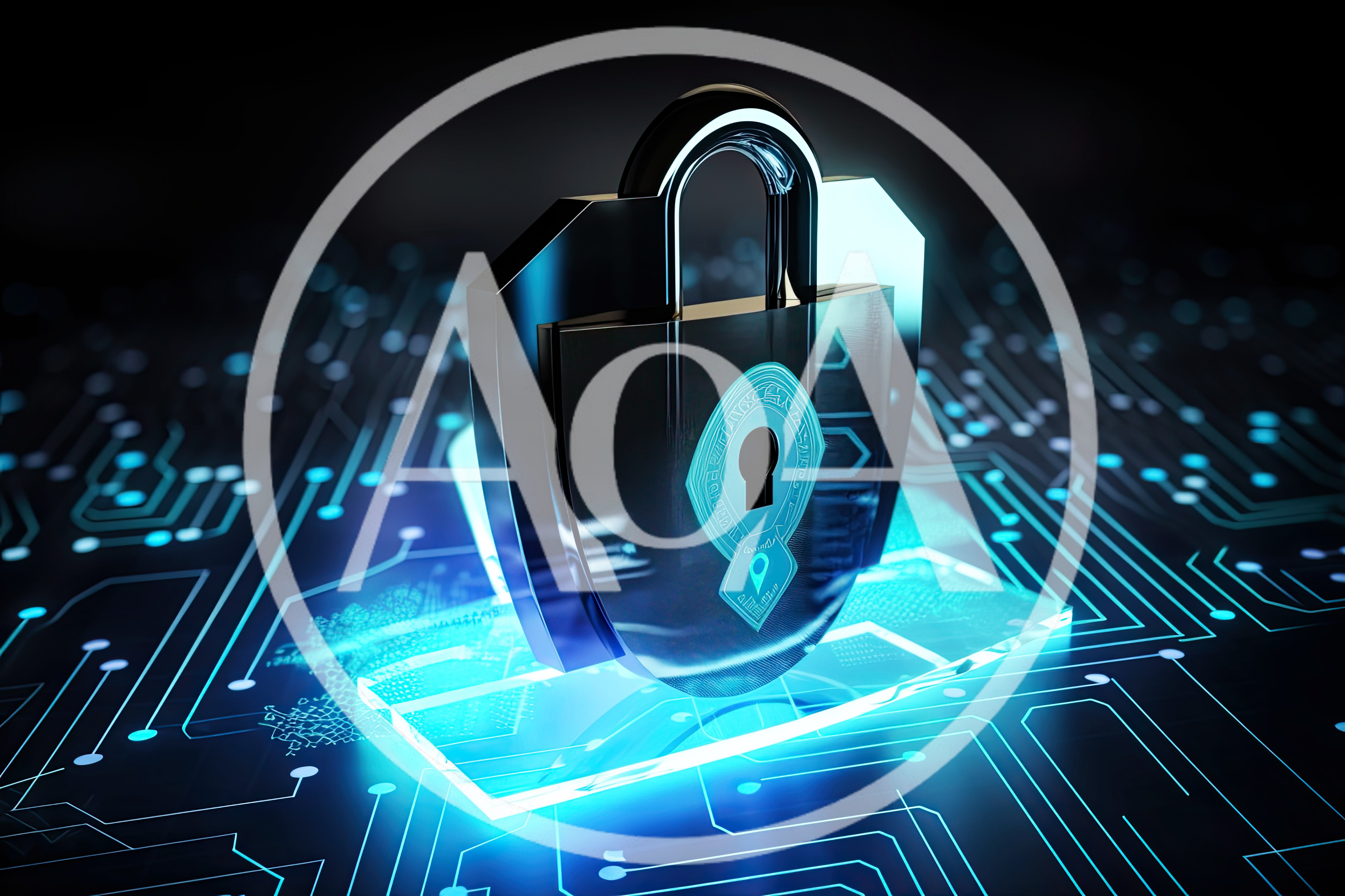 Digital Security Padlock On Glowing Circuit Board