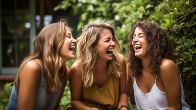 Three Young Women Laughing Together Outdoors