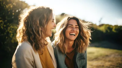 Two Happy Women Laughing Together Outdoors