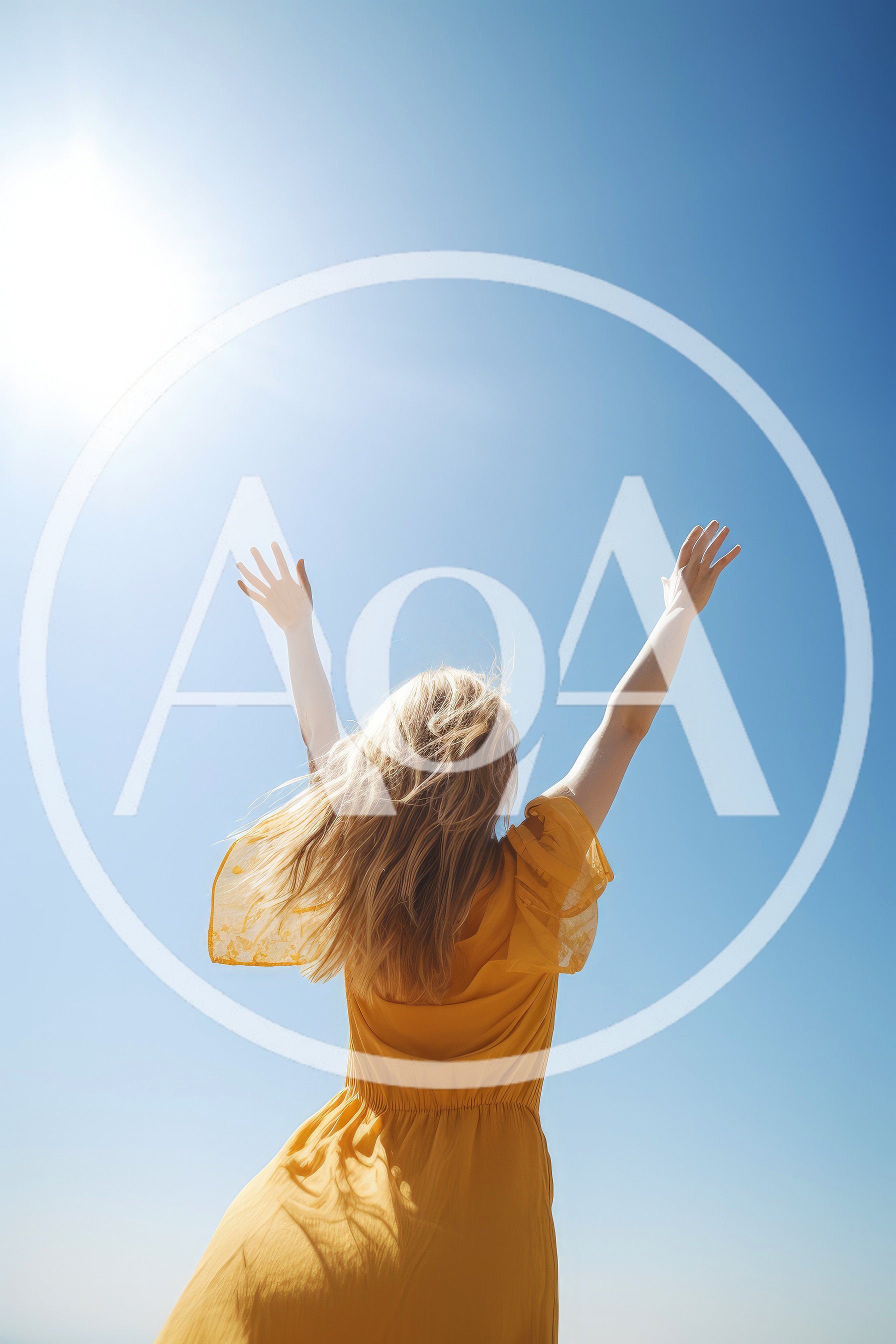 Woman In Yellow Dress Reaching Towards The Sun