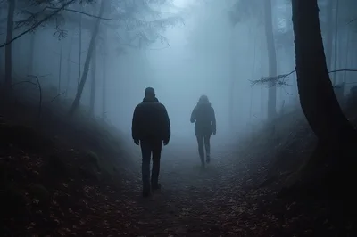 Stalker Following Woman Through A Dark Misty Forest Path