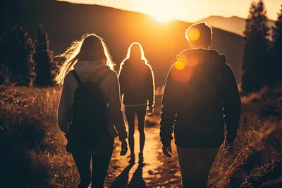 Three Hikers Walking Along A Mountain Trail At Sunset