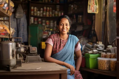 Smiling Indian Shopkeeper Sitting In Her Small Grocery Store