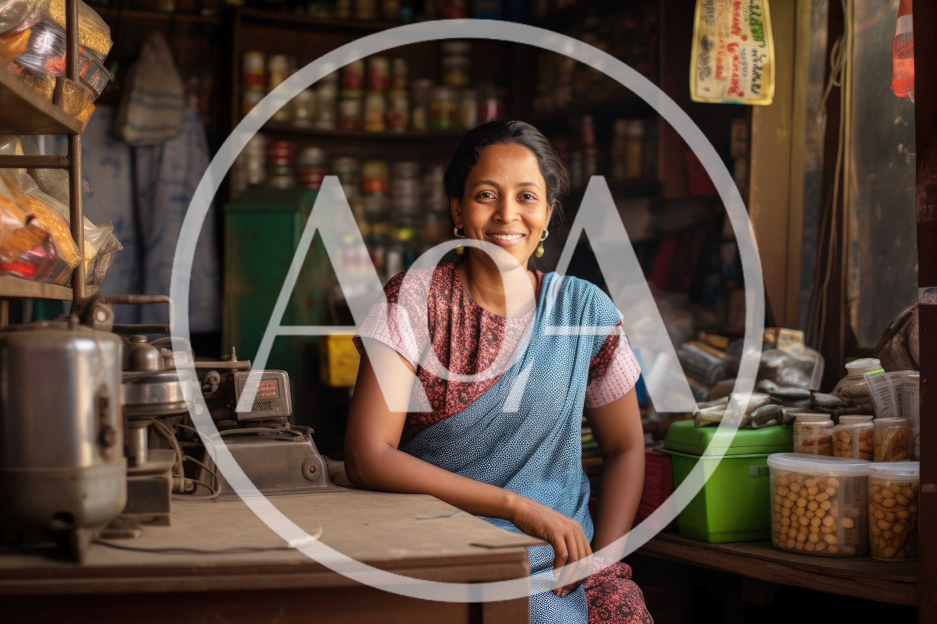 Smiling Indian Shopkeeper Sitting In Her Small Grocery Store
