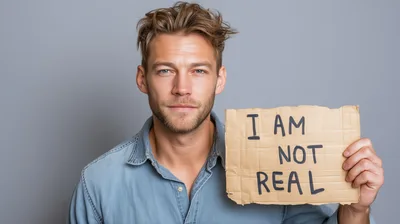 Man Holding Cardboard Sign With I Am Not Real Text