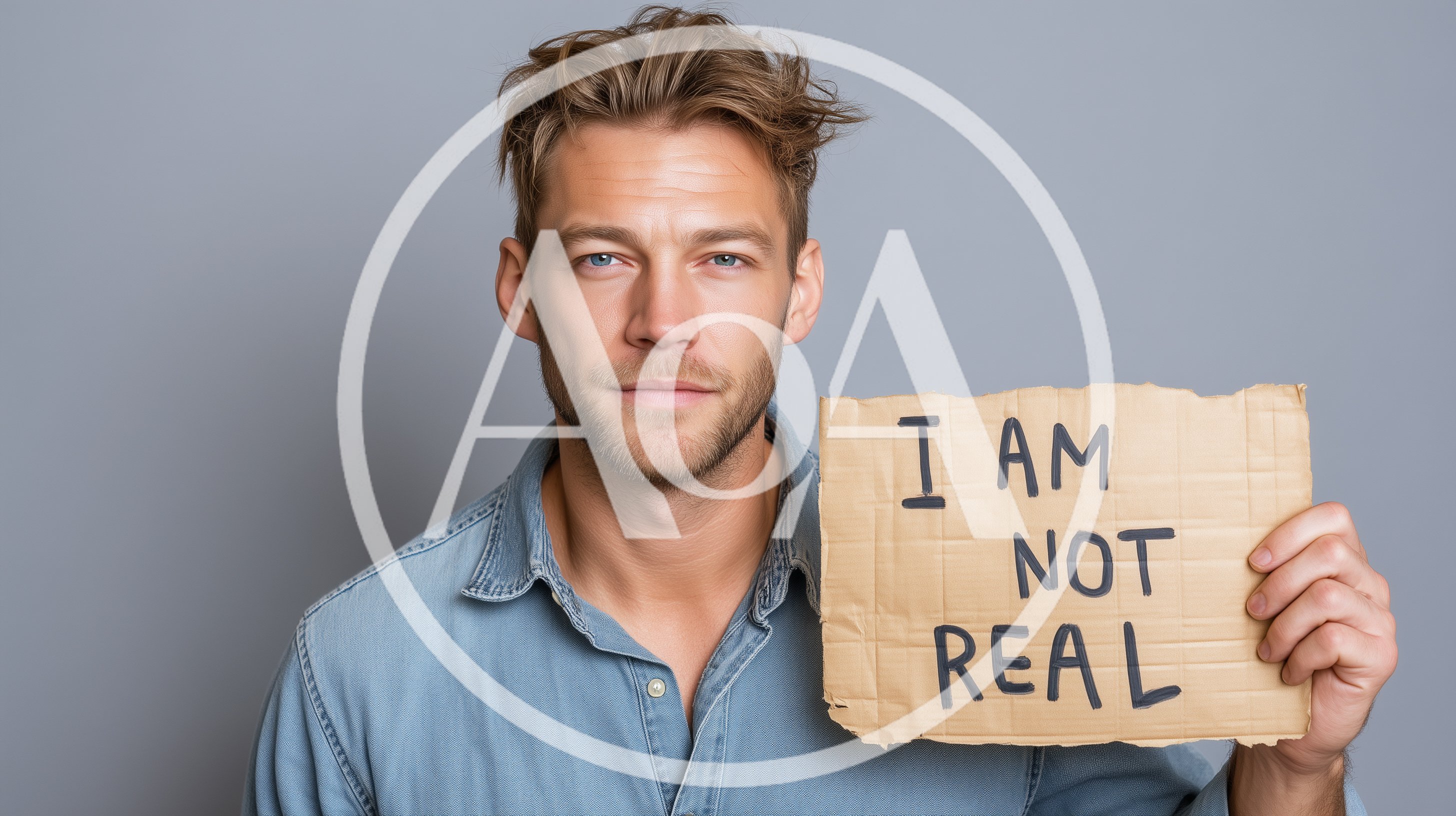Man Holding Cardboard Sign With I Am Not Real Text