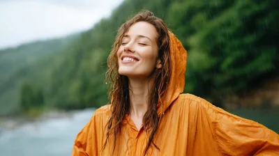 Happy Woman Enjoying Rain In Yellow Raincoat